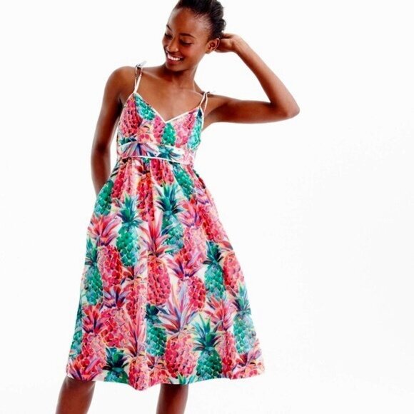 J.CREW Ratti Multicolor Painted Pineapple Summer Spaghetti Strap Midi Dress - Picture 1 of 16